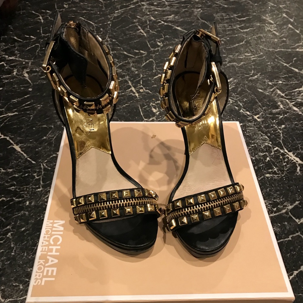 Michael Kors Black & Gold Studded Buckle Heels